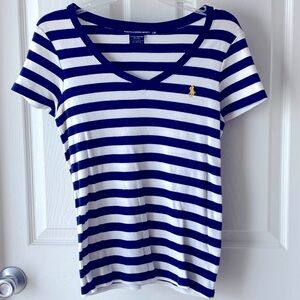 Ralph Lauren Sport Striped Navy and White V-Neck Top Size L